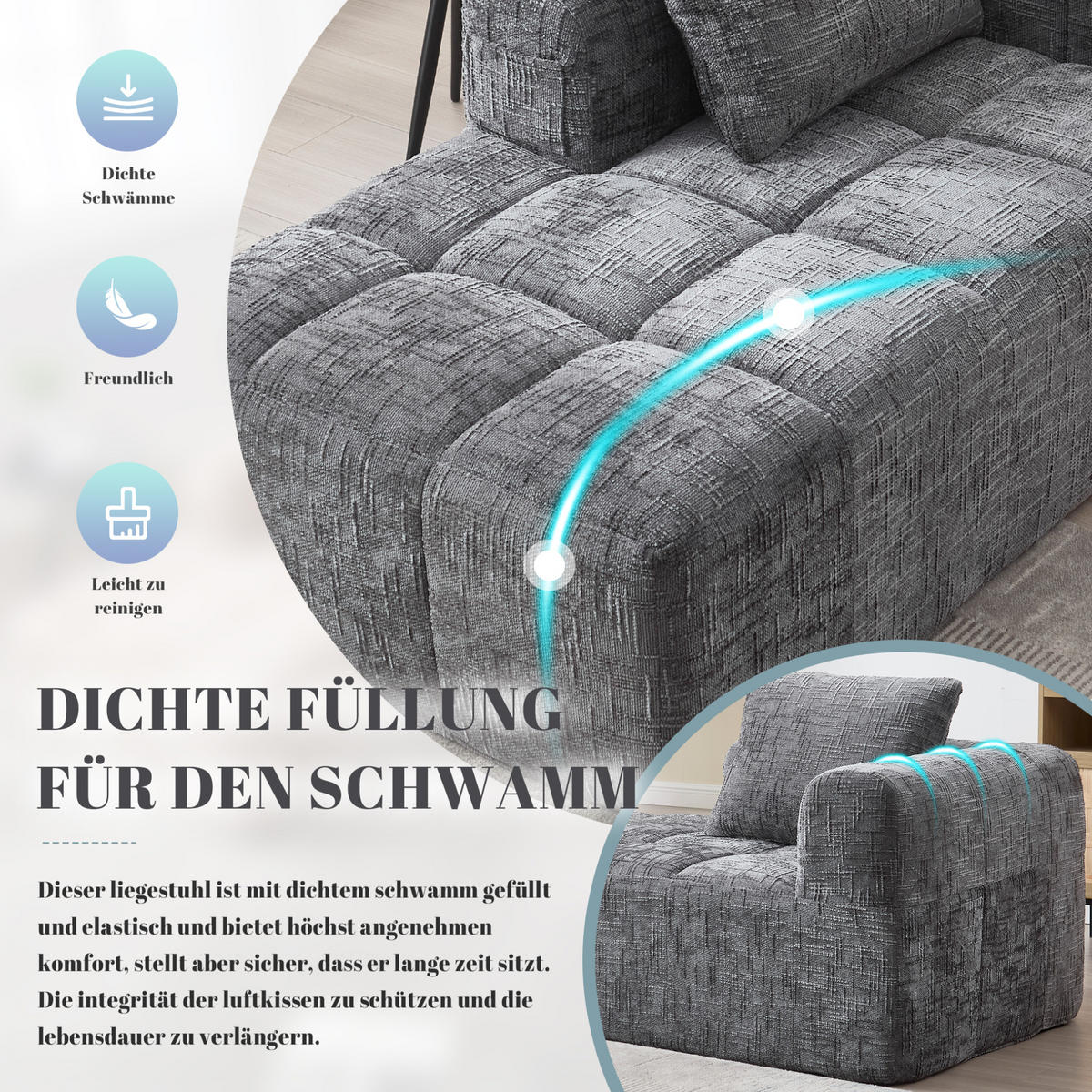 SOFA s ležaljkom, 158/90/60 cm, ženil siva, s bočnim džepovima i jastukom - siva, tekstil (60/158/90cm) - BEAOK