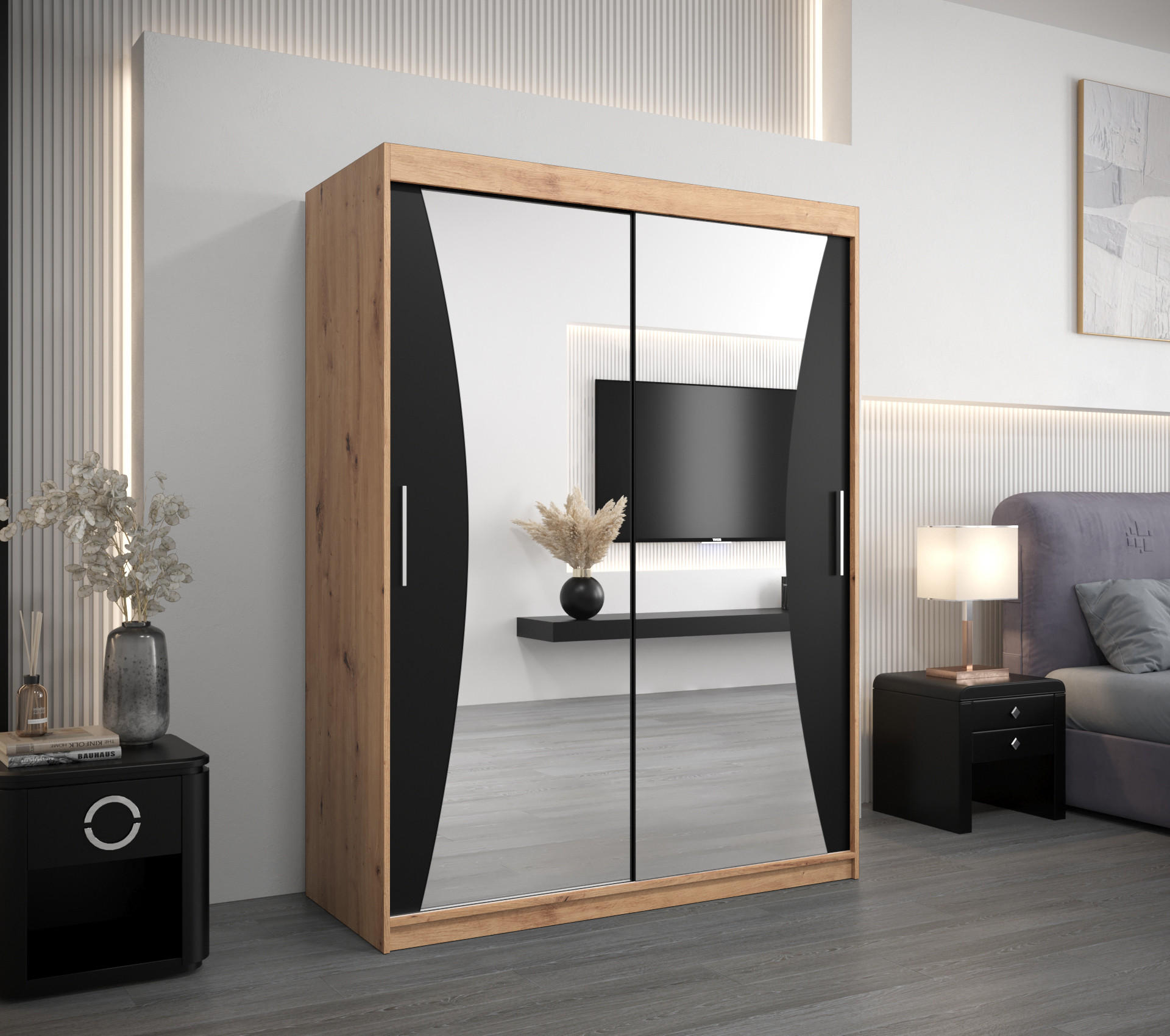 SCHWEBETÜRENSCHRANK 200/150/62 2-türig - Silberfarben/Schwarz, Holz/Kunststoff (150/200/62cm) - Abiks Möbel