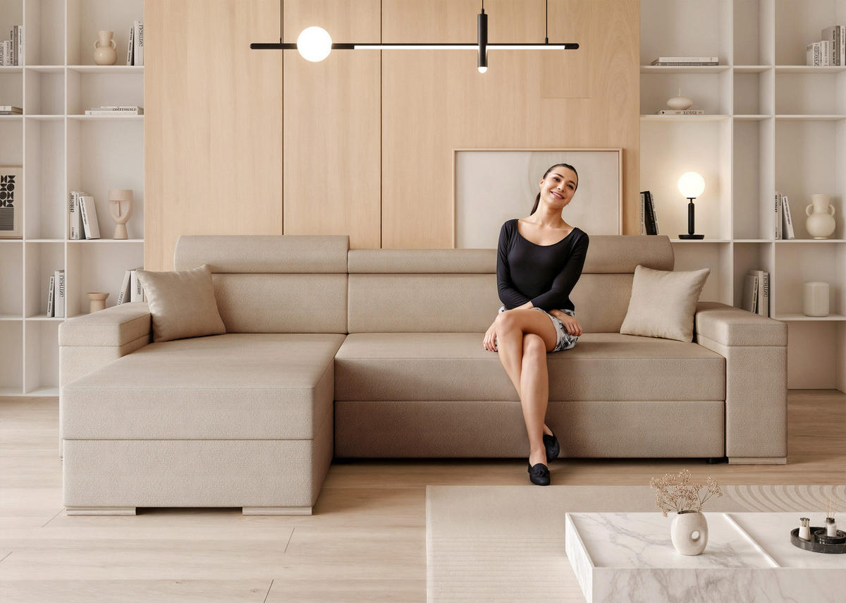 ECKSOFA AISHA mit Schlaffunktion und Bettkasten Beige - Beige, Holzwerkstoff/Kunststoff (250/90cm) - Idohome