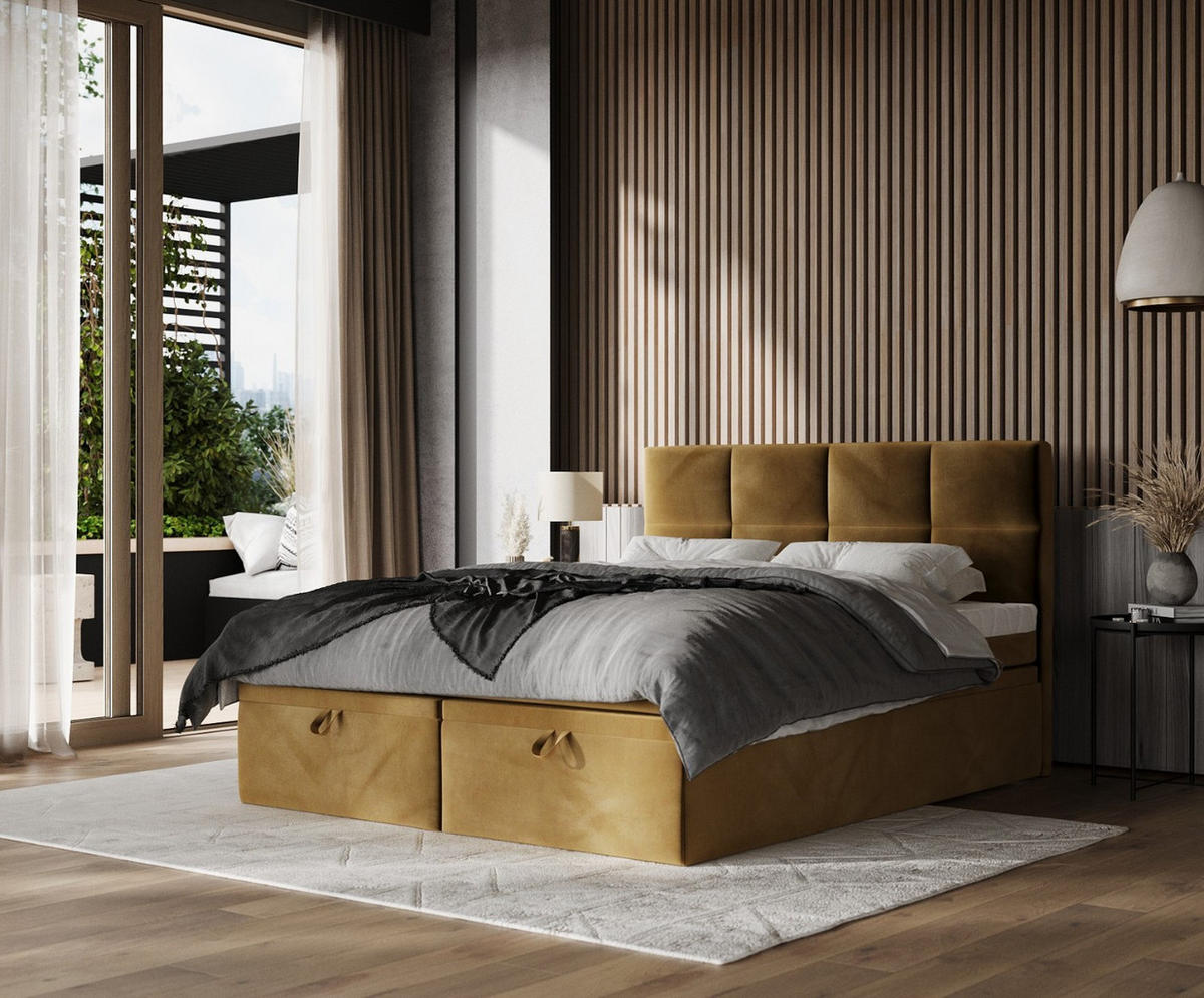 BOXBETT Tessa 180/200 cm Honiggelb im Kronos Stoff - Schwarz/Honig, Holz/Holzwerkstoff (180/200cm) - AltaBeds