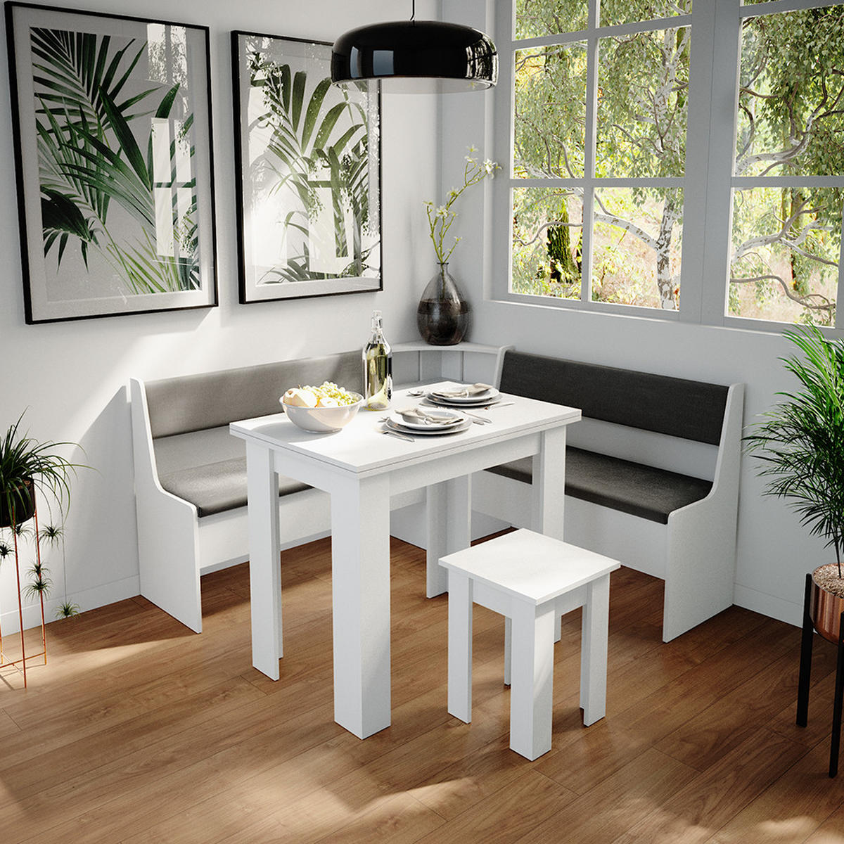 ECKBANKGRUPPE Roman Weiß 150 x 41.5 cm mit Tisch - Anthrazit/Weiß, Holzwerkstoff (150/80/150cm) - Vicco