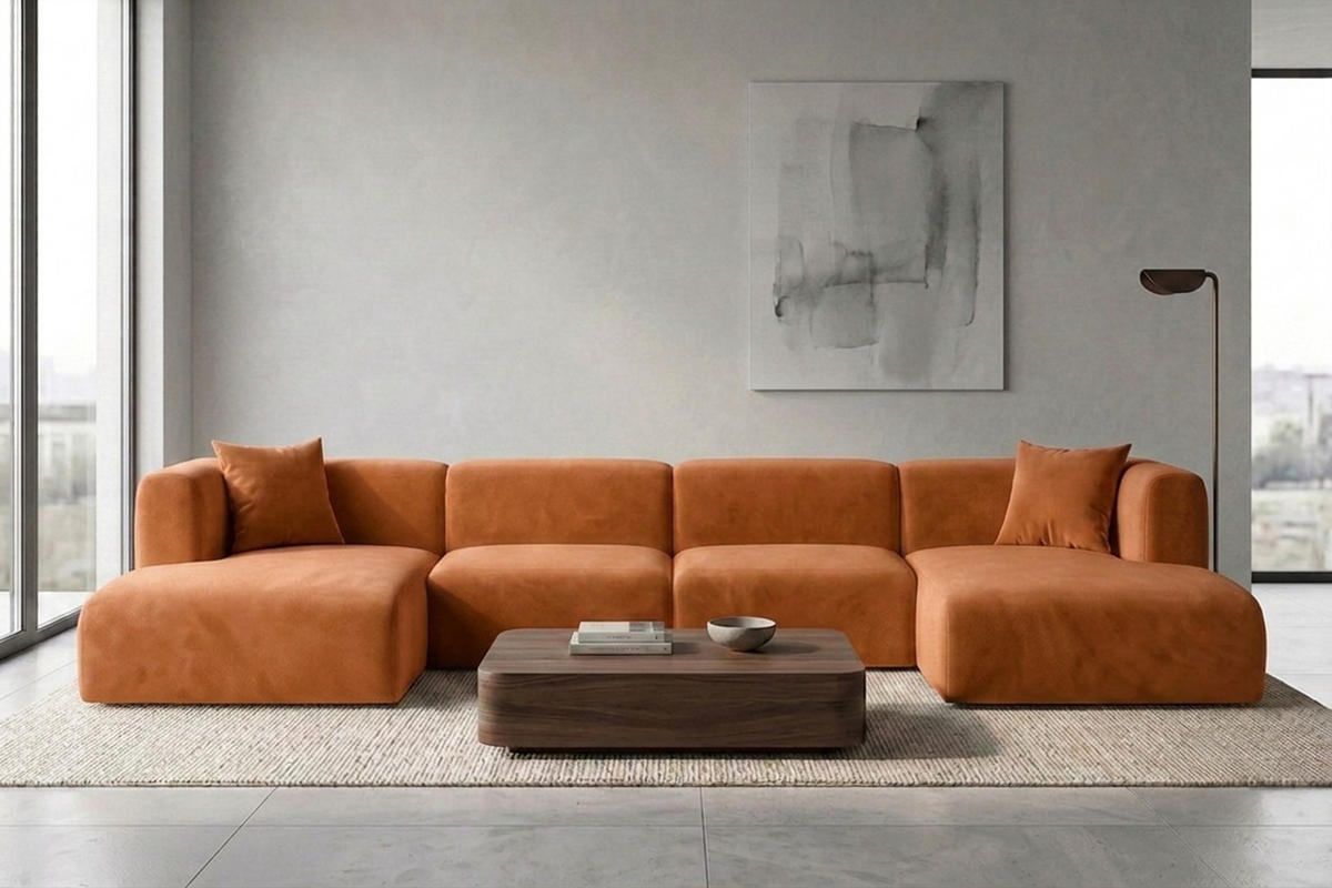 ECKSOFA U-Form, Velvet-Stoff Bluvel, Zimtfarbe, GRETA - Orange, Holz (408/70/179cm) - Kaiser Möbel