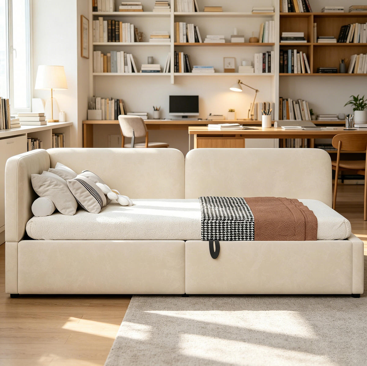 90 x 200 cm Samt-Schlafsofa mit hydraulischem Stauraum, hohem Kopfteil, austauschbarer Rückenlehne, platzsparendes Bett , Beige - Beige, Textil/Metall (90/200cm) - Modenvie