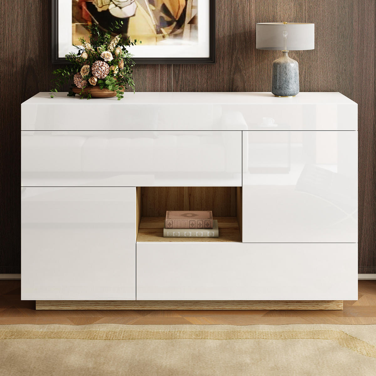 SIDEBOARD 120/37/76,5 cm mit 2 Türen, 2 Schubladen & LED in Weiß - Weiß, Holzwerkstoff (120/37/76.5cm) - BEAOK