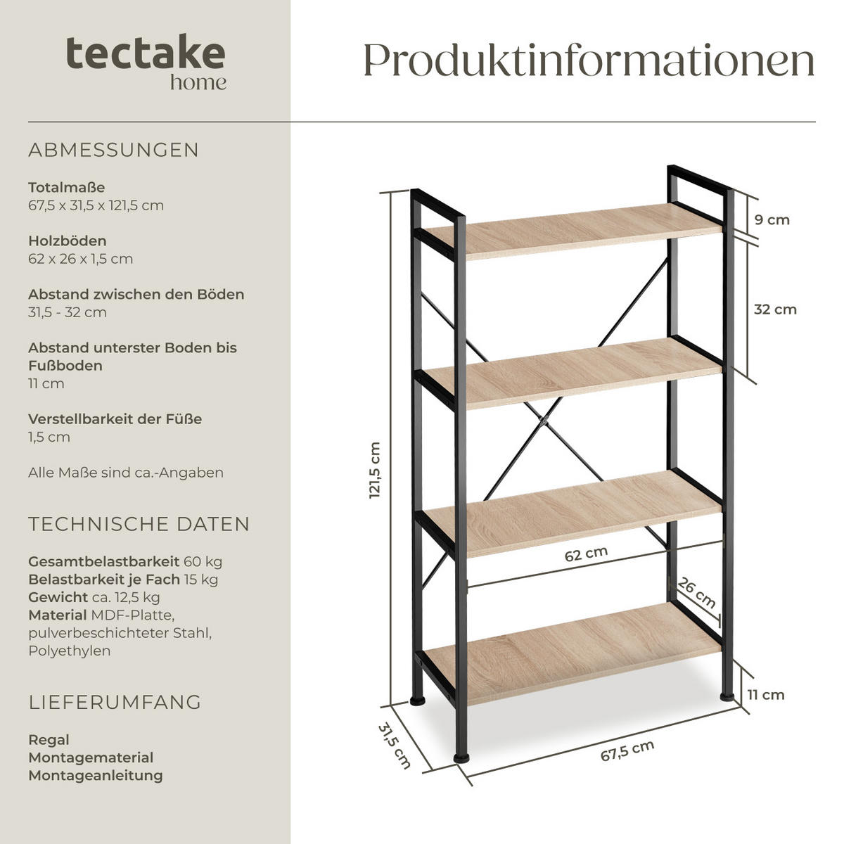 REGAL Leeds,inklusive Kippschutz, 67,5 x 31,5 x 121,5 cm,Industrial Holz hell, Eiche Sonoma - Naturfarben, Holz (31.5/121.5/67.5cm) - tectake