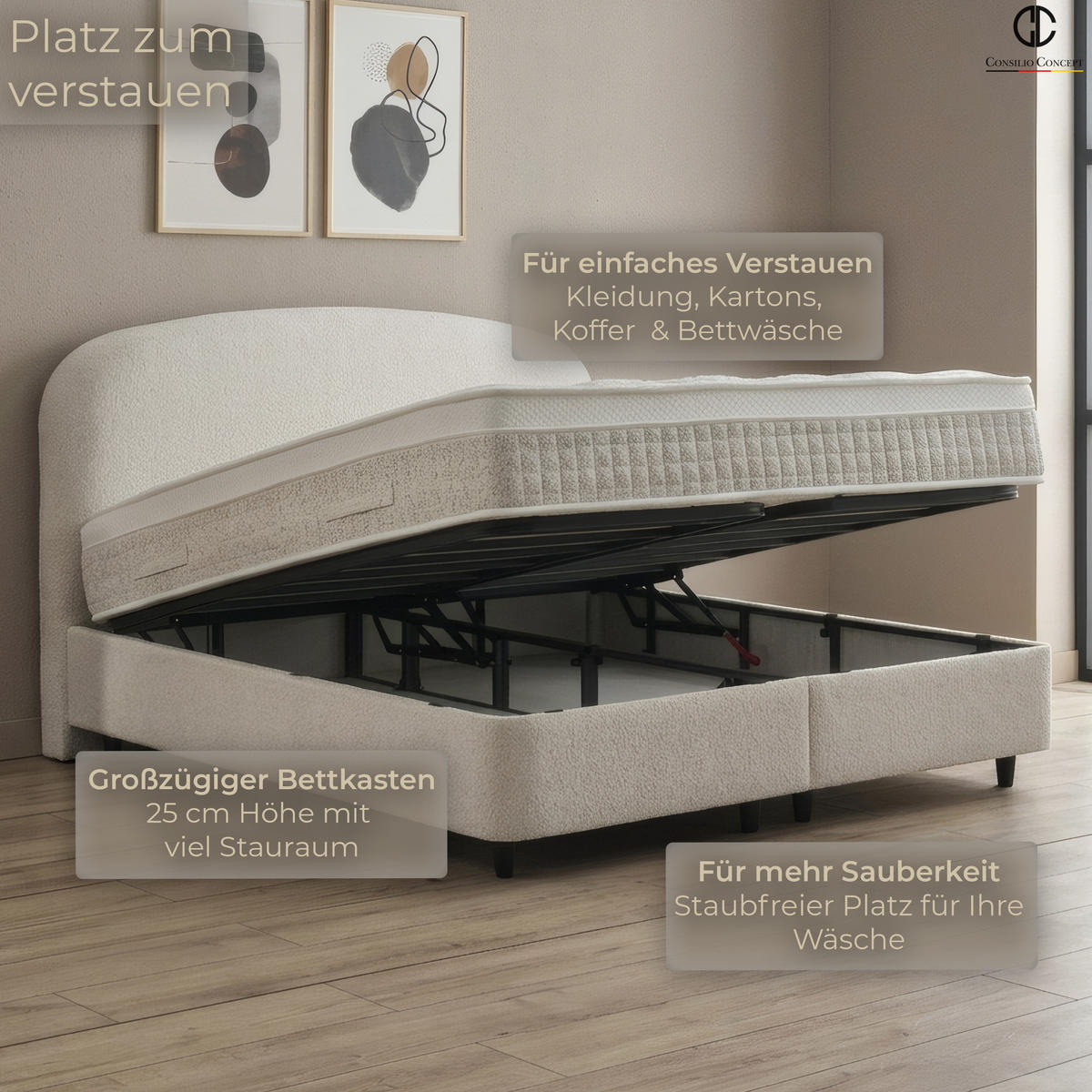 BOXSPRINGBETT MIT BETTKASTEN FREYA 90/200 cm, Ivory, Bettkasten, Matratze, Topper integriert, H3 mittel 7-Zonen Matratze - Creme/Schwarz, Holz/Kunststoff (90/200cm) - Consilio Concept