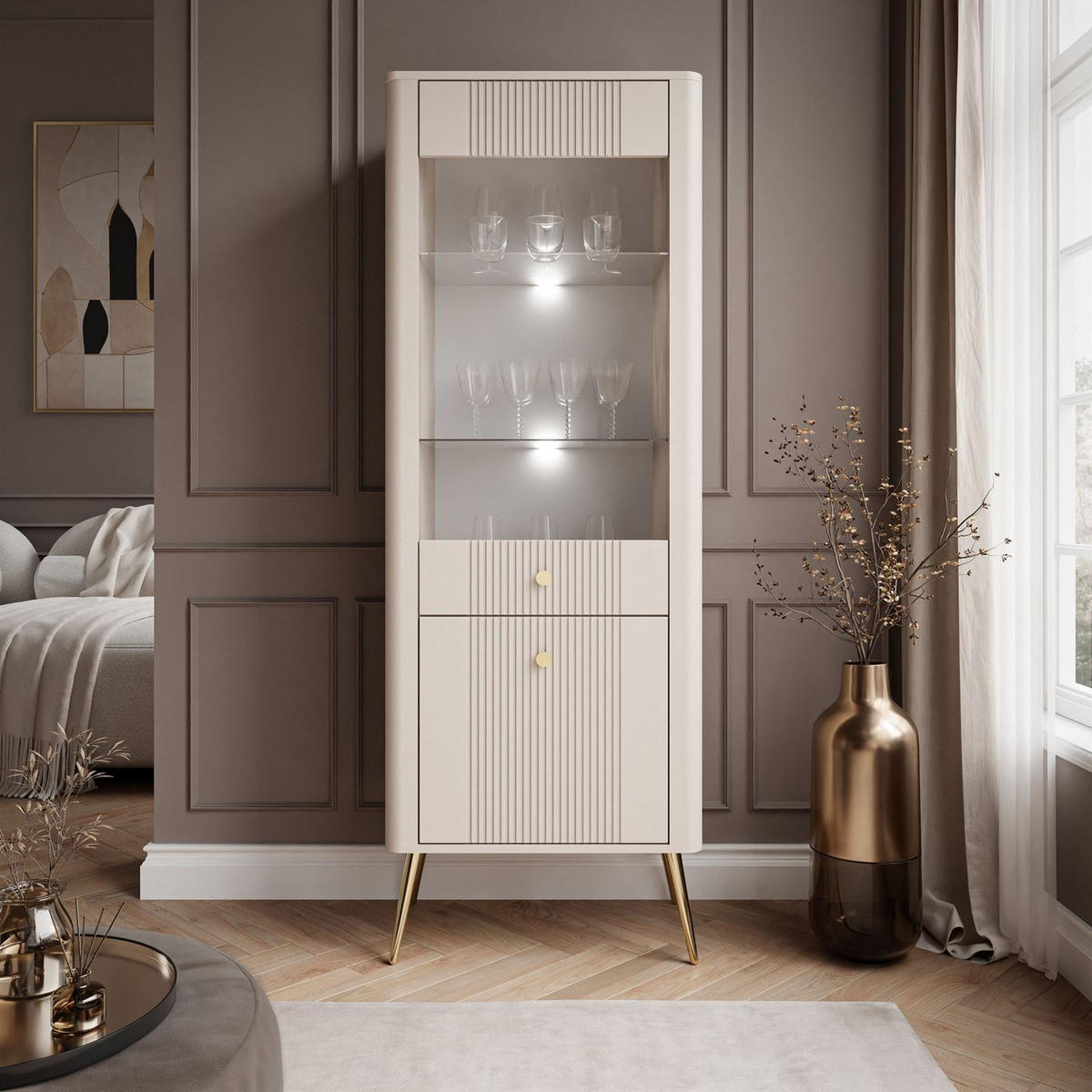 VITRINE ELYSIA KASCHMIR mit LED-Beleuchtung - Kaschmir, Holzwerkstoff (65/180/39cm) - Lookway