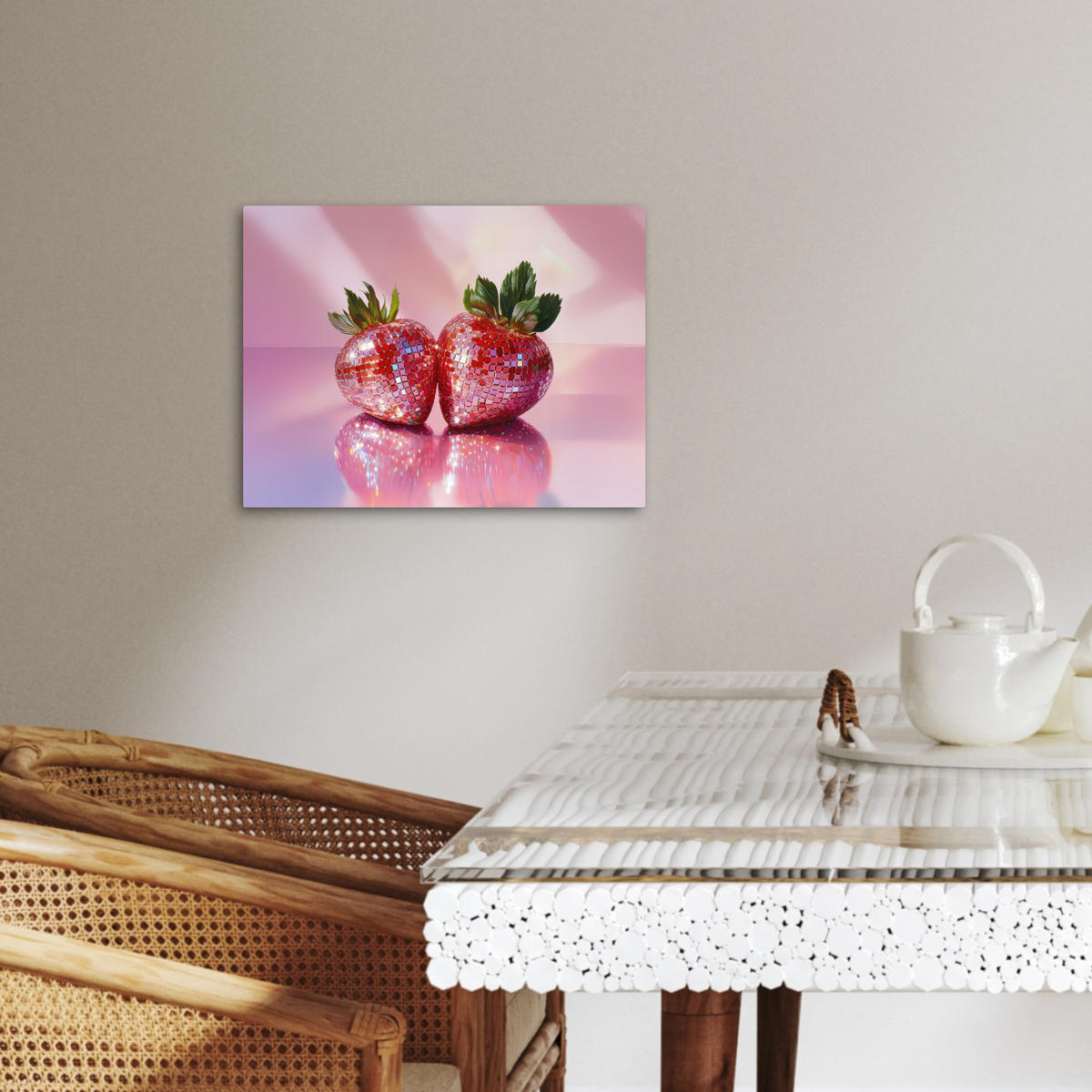 LEINWANDBILD Disco - Obst - Glitzer - Erdbeere 40x30 cm - Pink, Textil (40/30cm) - MuchoWow