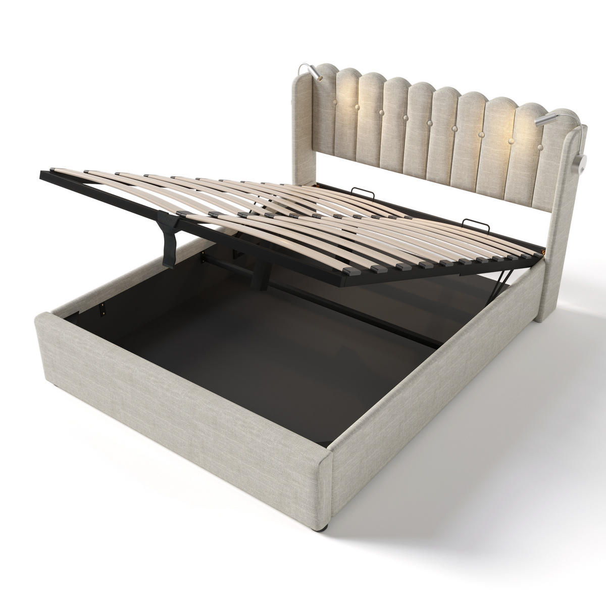 POLSTERBETT 160/200 cm mit Leselicht und Ladefunktion in Natur - Naturfarben, Textil (160/200cm) - OKWISH