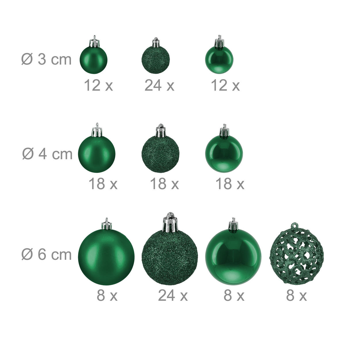 150-TLG.WEIHNACHTSKUGELN-SET - Dunkelgrün, Kunststoff (6/7/6cm) - Relaxdays