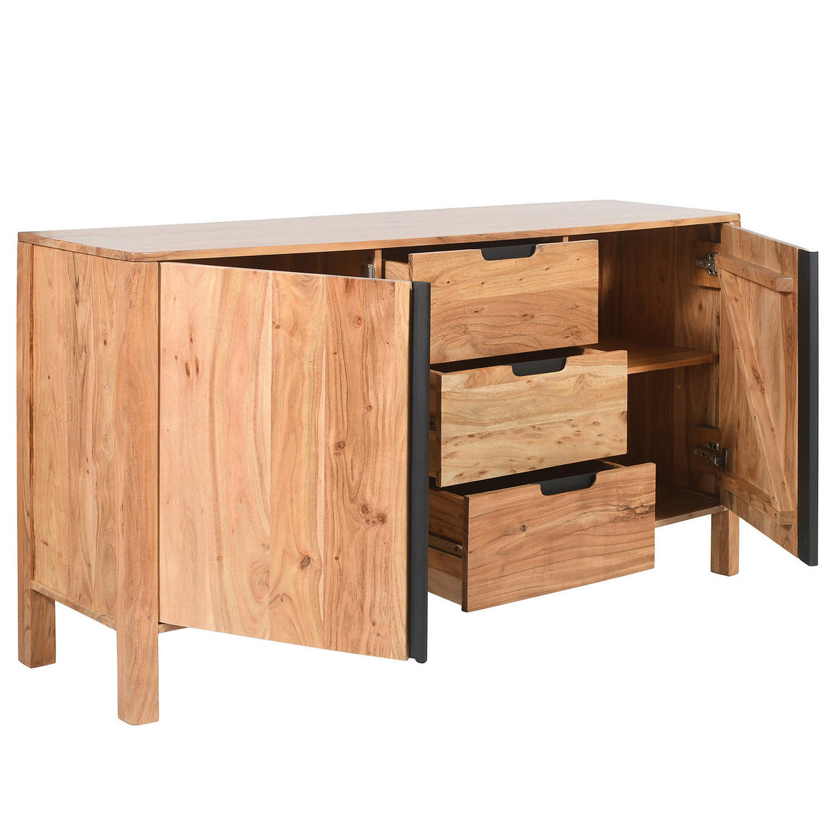 MASSIVES SIDEBOARD - Akazie - Schwarz/Akaziefarben, Holz/Metall (150/80/40cm) - home24