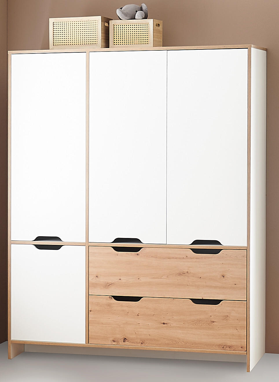 Thumbnail - arthur berndt Kleiderschrank, Weiß, Eiche Artisan, Holzwerkstoff, 2 Fächer, 2 Schubladen, 150x189x49 cm, Blauer Engel, H...