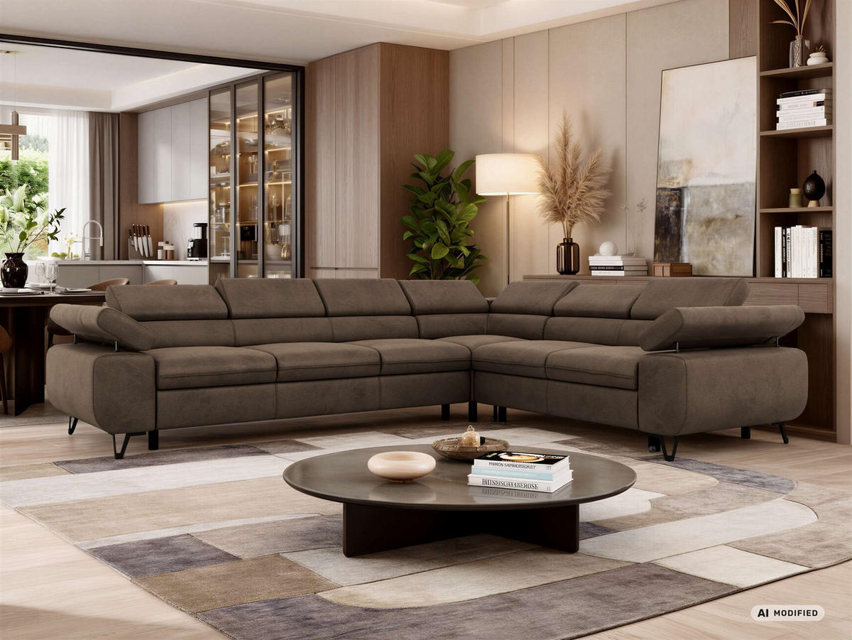 ECKSOFA NORDEN L - Braun Velvet - Links Seite - Dunkelbraun/Schwarz, Textil/Metall (269/329cm) - MKS