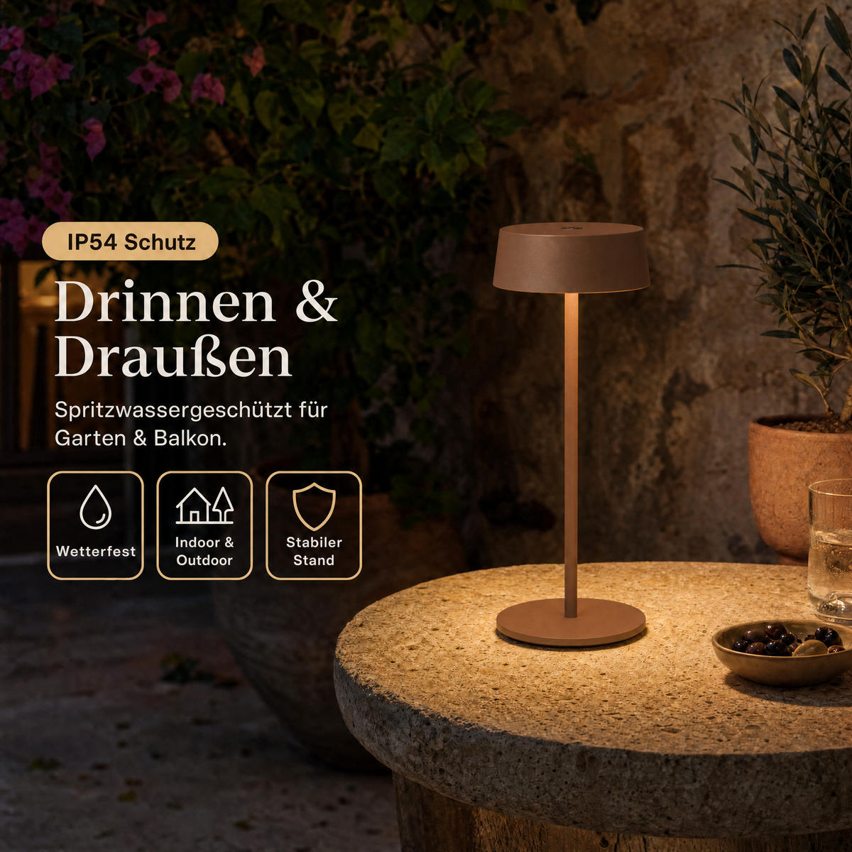 LED-TISCHLEUCHTE - dimmbar, kabellos, IP54, Metallgehäuse, für Innen- und Außenbereich, braun, höhenverstellbar - Braun, Metall (13.5/13.5/36cm) - Northpoint
