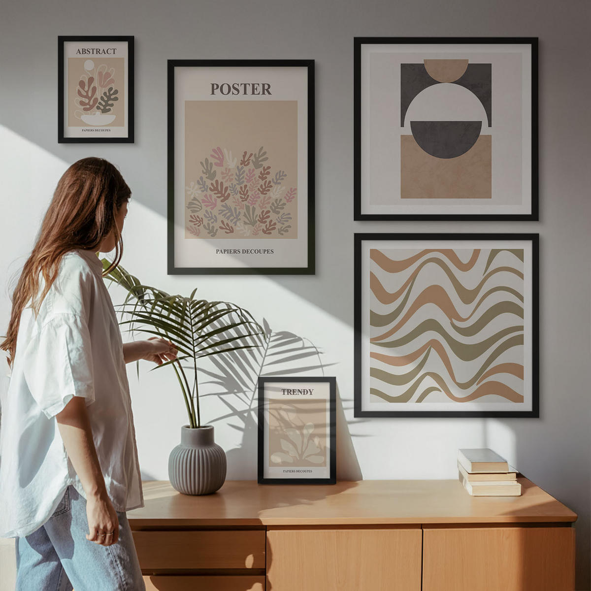 WANDBILDER 5er-Set - 50x50 cm & 20x30 cm & 40x60 cm Schwarzer Rahmen - Abstrakte Formenmuster - Schwarz, Kunststoff (40/60cm) - ArtPrintCave