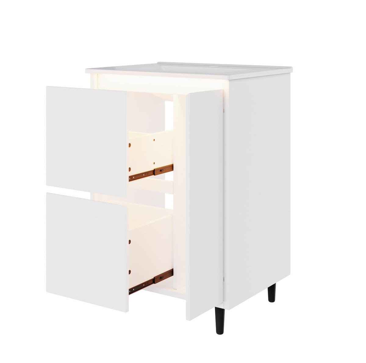 FREISTEHENDER Badezimmerwaschtisch aus MDF und Keramik 61x46,5x87 cm Weiß mit 2 Schubladen und Soft-Close - Weiß, Keramik (61/87/46.5cm) - Modfu