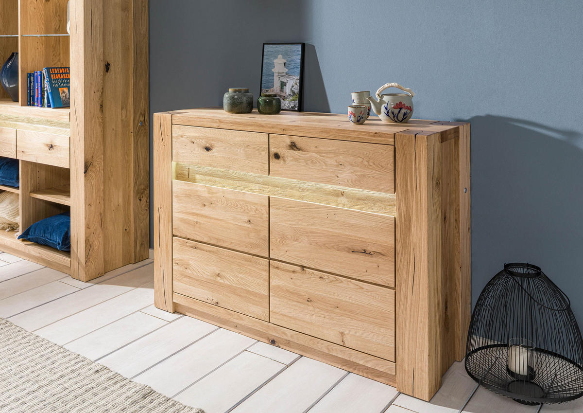 KOMMODE Wildeiche 123x40x85 beige geölt KENT #230 - Beige, Holz (123/85/40cm) - Massivmoebel24