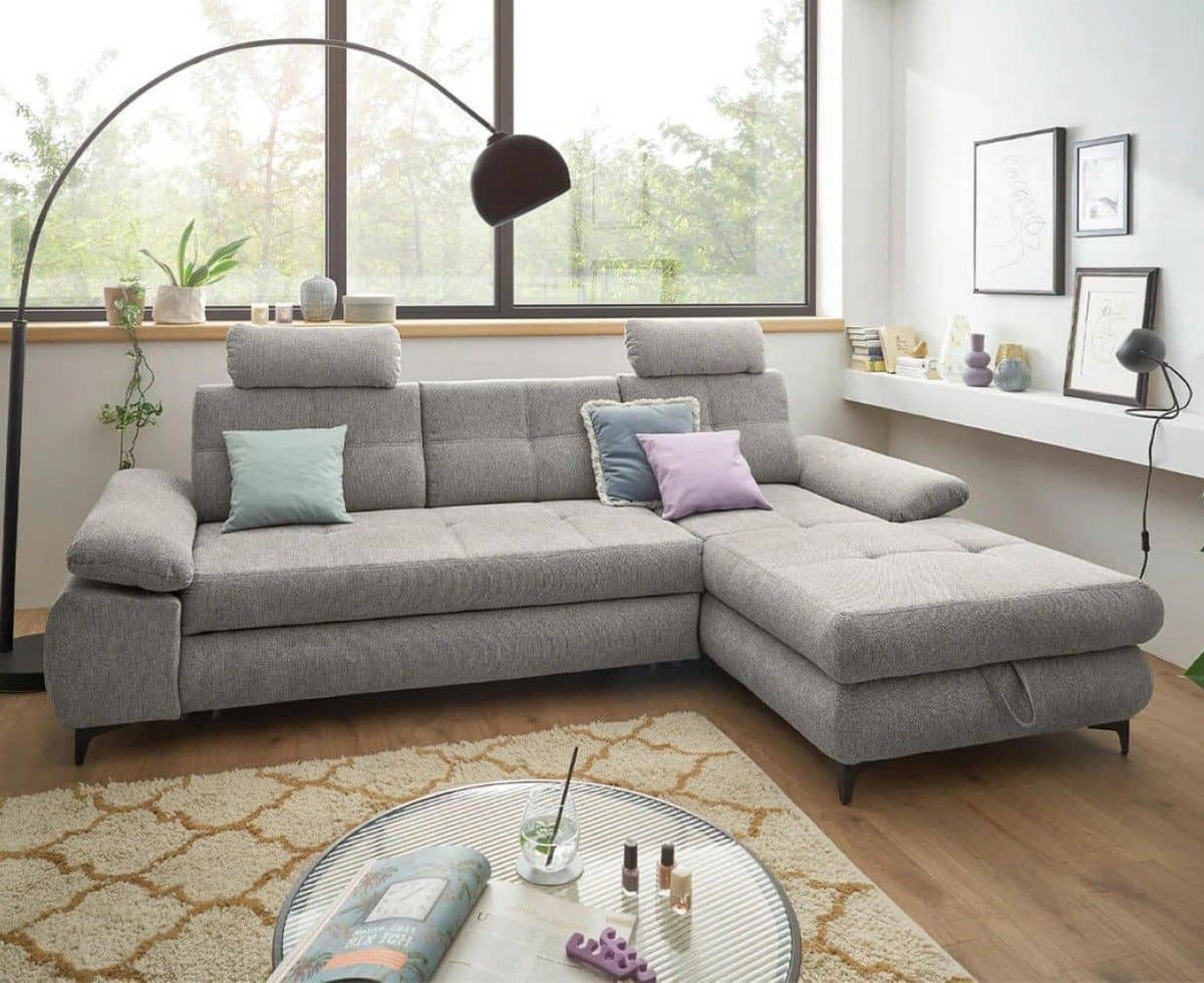 ECKSOFA mit Schlaffunktion und Bettkasten - Silberfarben/Schwarz, Kunststoff/Textil (177/274cm) - ed exciting design