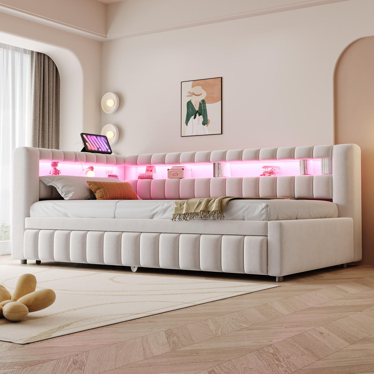 POLSTERBETT 90x200 Beige Samt LED USB - Beige, Textil (90/200cm) - FLIEKS