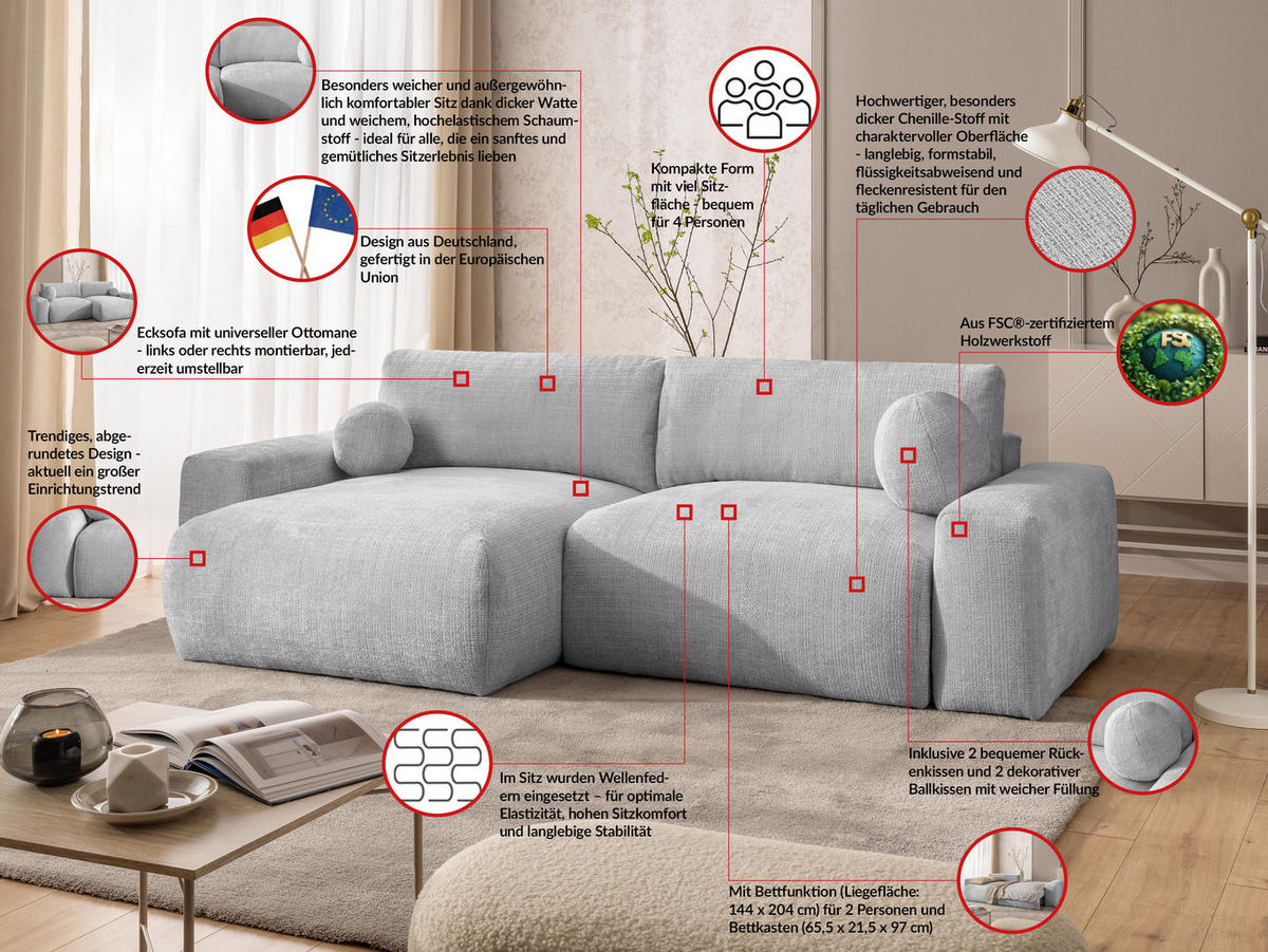ECKSOFA Puffy mit Schlaffunktion und Bettkasten - besonders weich und puffig aus Hellgrau Chenille-Stoff - Ottomane links - Hellgrau/Schwarz, Holz/Kunststoff (138/266cm) - S-Style Möbel