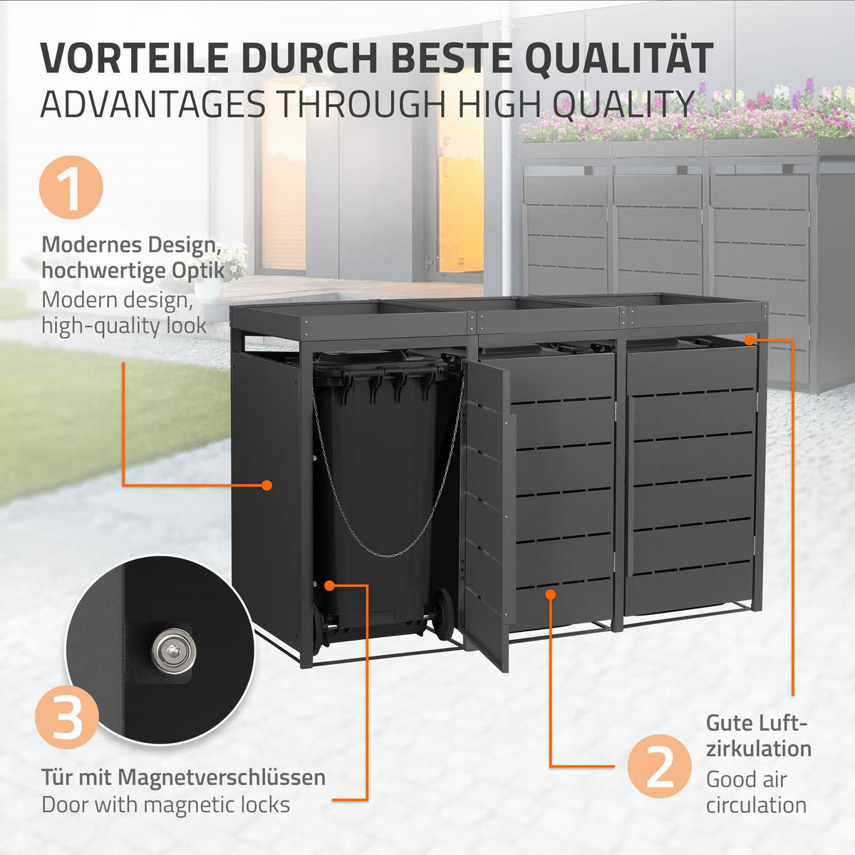 MÜLLTONNENBOX 3er mit Pflanzdach 240L 196x80x124 cm Anthrazit aus Stahl - Anthrazit, Metall (80/124/196cm) - ML-DESIGN