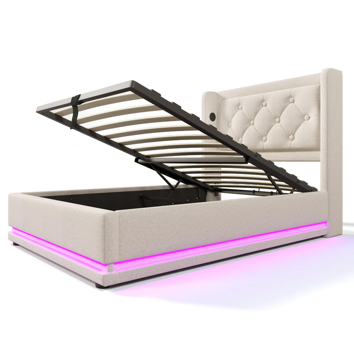 POLSTERBETT 90/200 cm mit Bettkasten, LED, USB-C und gepolstertem Kopfteil - Beige, Textil (90/200cm) - BEAOK