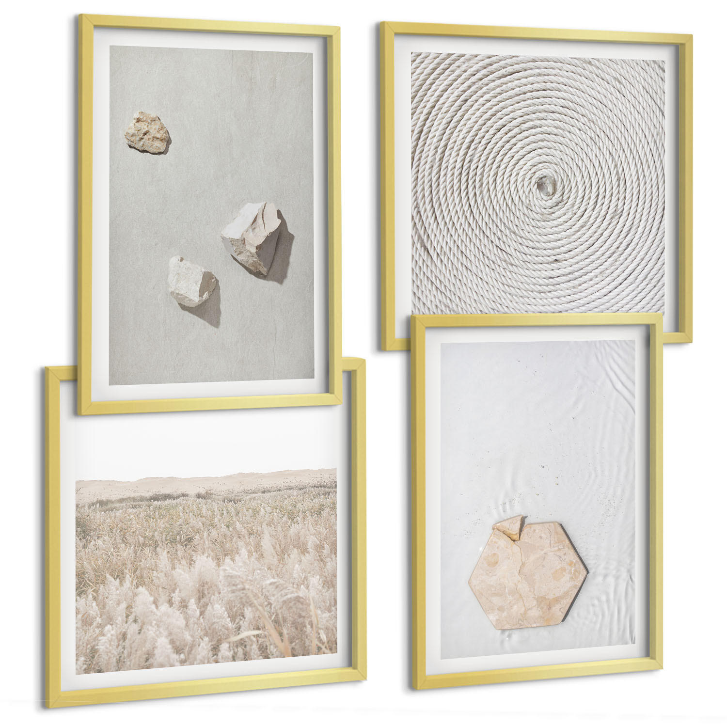 BILDER SET 4er Set - 50x50 cm & 40x60 cm Goldrahmen - Leichte Boho-Sandtexturen - Goldfarben, Kunststoff (50/50cm) - TULUP