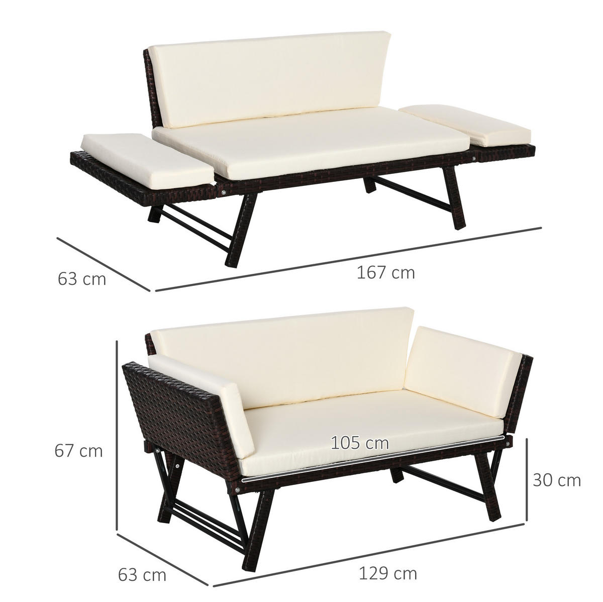 LOUNGESOFA aus Rattan 129x63x67 cm Braun mit klappbaren Armlehnen und Liegefunktion - Braun, Naturmaterialien (63/67/129cm) - Modfu