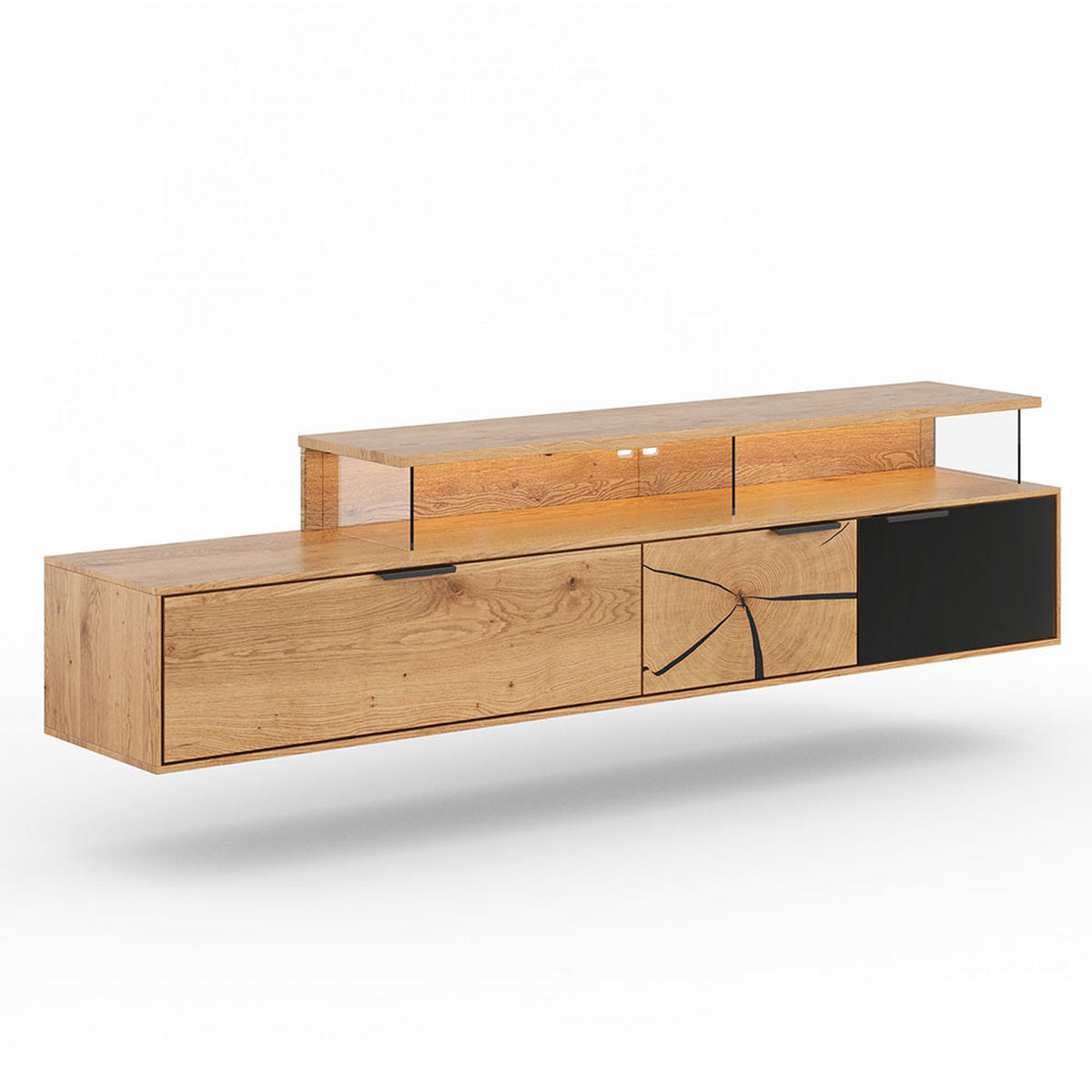 LOWBOARD Tirano Eiche Natur / Hirnholz / Schwarz 200 / 39 / 52cm - Eichefarben/Dunkelbraun, Holz (200/52/39cm) - Feldmann-Wohnen