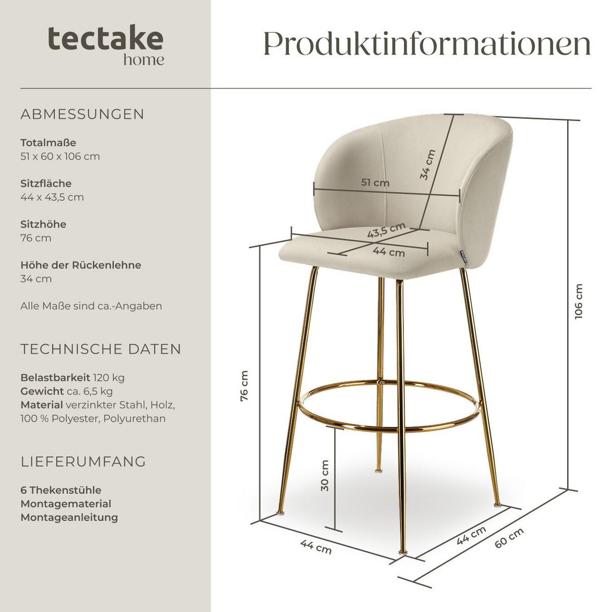 BARSTUHL Luana, 51 x 60 x 106 cm, Belastbarkeit 120 kg, creme/gold - Goldfarben/Creme, Kunststoff/Textil (51/106/60cm) - tectake