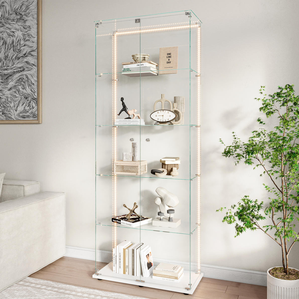 VITRINE 2 Türen, 5 Einlegeböden, LED Band, Glas, mobil, Stauraum optimal, weiß - Weiß, Glas (78.51/186.5/34.5cm) - EuroLiving