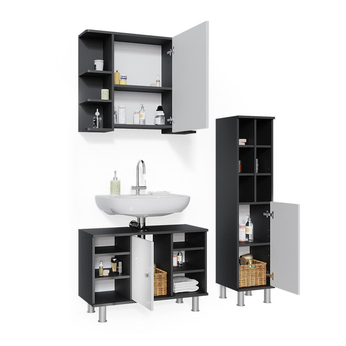 BADMÖBEL-SET Fynn Anthrazit 3 Teile, mit Midischrank Tür groß - Anthrazit/Weiß, Holzwerkstoff (60/54/32cm) - Vicco