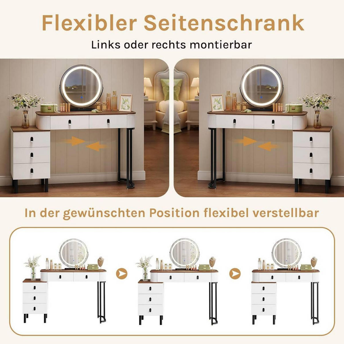 SCHMINKTISCH mit LED, Spiegel, Orangebraune Holzoptik - Nussbaumfarben/Schwarz, Glas/Holz (100/126/40cm) - Woltu
