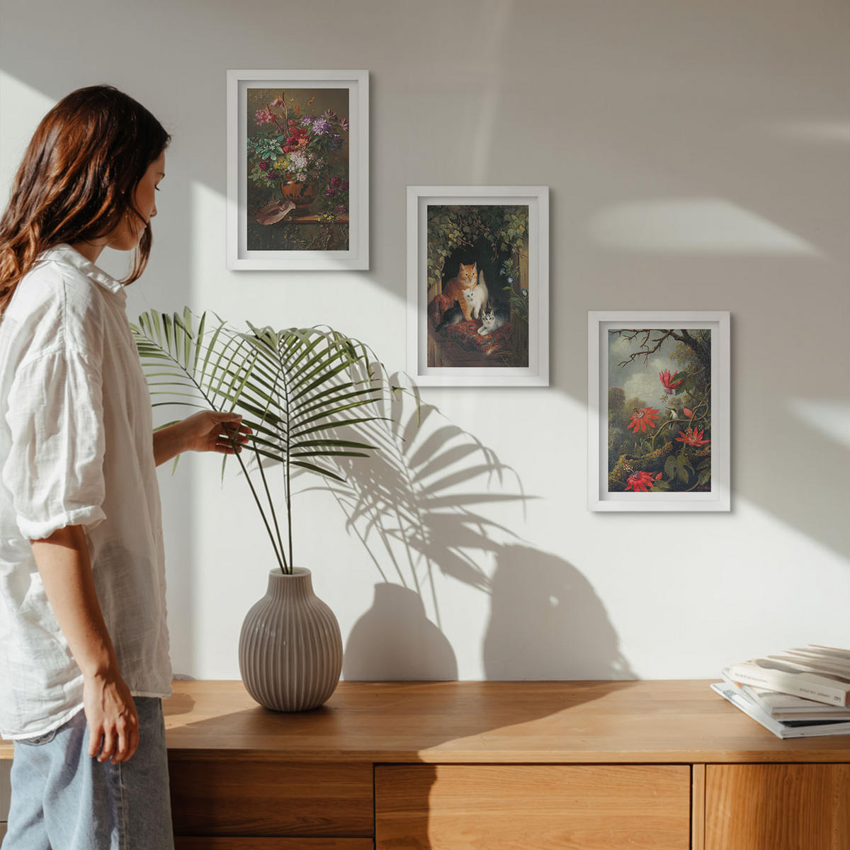 WANDBILDER 3er-Set - 20x30 cm Weißer Rahmen - Vintage-Blumen, Katzen, Natur - Weiß, Kunststoff (20/30cm) - ArtPrintCave