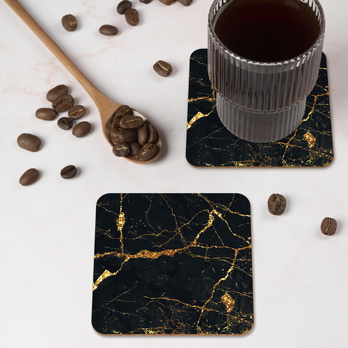 GLASUNTERSETZER 6er-Set Gold - Marmor - Glitzer - Luxus 10x10 cm - Goldfarben, Naturmaterialien (10/0.2cm) - MuchoWow