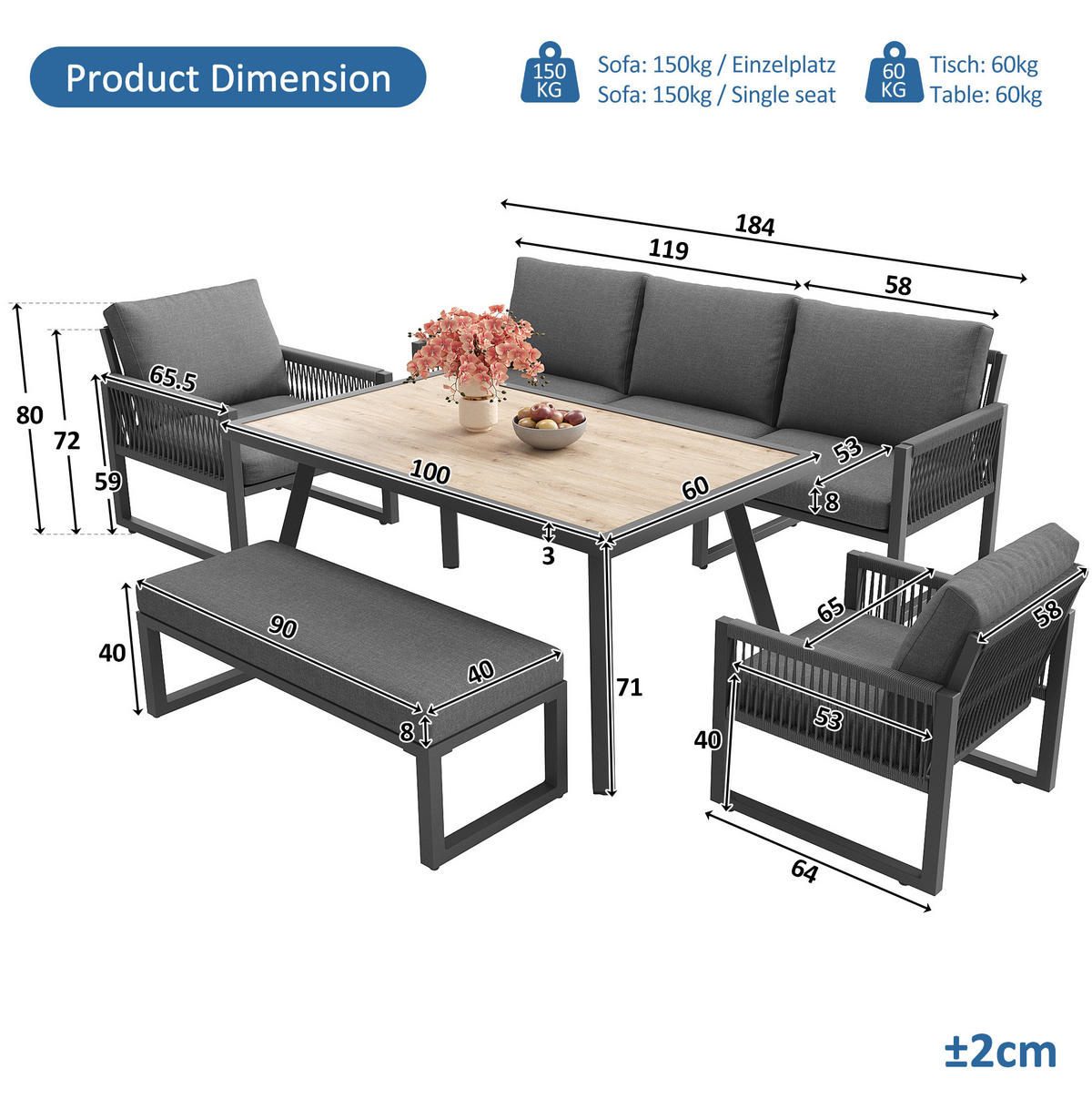 GARTENLOUNGE 184/64/80 cm grau aus Metall, Glas und Polyester mit Tisch und Kissen - Grau, Metall - OKWISH