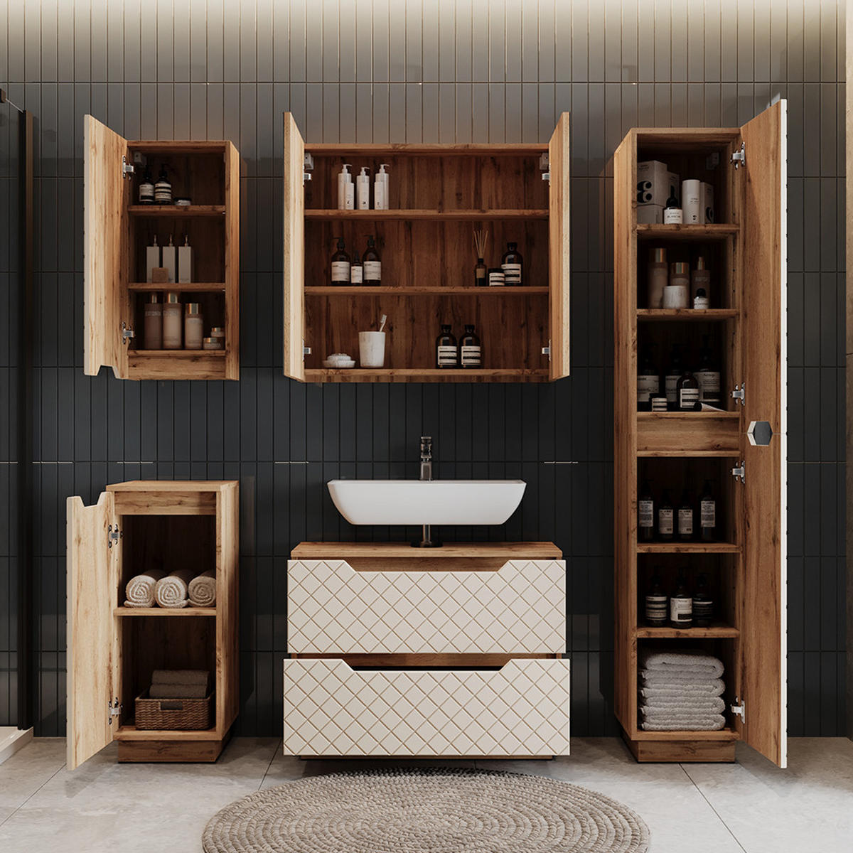 BADMÖBEL-SET Lotta Eiche/Kaschmir mit Kachelstruktur 3 Teile - Kaschmir, Holzwerkstoff (79.6/62.5/32cm) - Vicco
