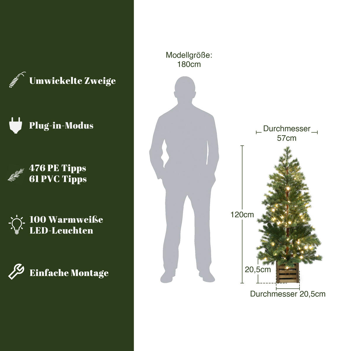 WEIHNACHTSBAUM 120 cm mit Beleuchtung, 537 PE-/PVC-Spitzen, 100 LEDs - Grün, Kunststoff (120cm) - Hometopia