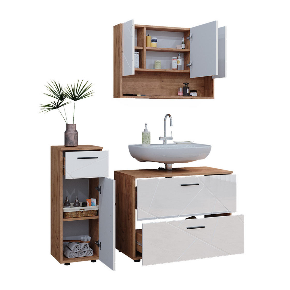 BADMÖBEL-SET Irma Weiß Hochglanz/Goldkraft Eiche 3 Teile - Honigeiche/Weiß Hochglanz, Holzwerkstoff (80/58.6/41cm) - Vicco