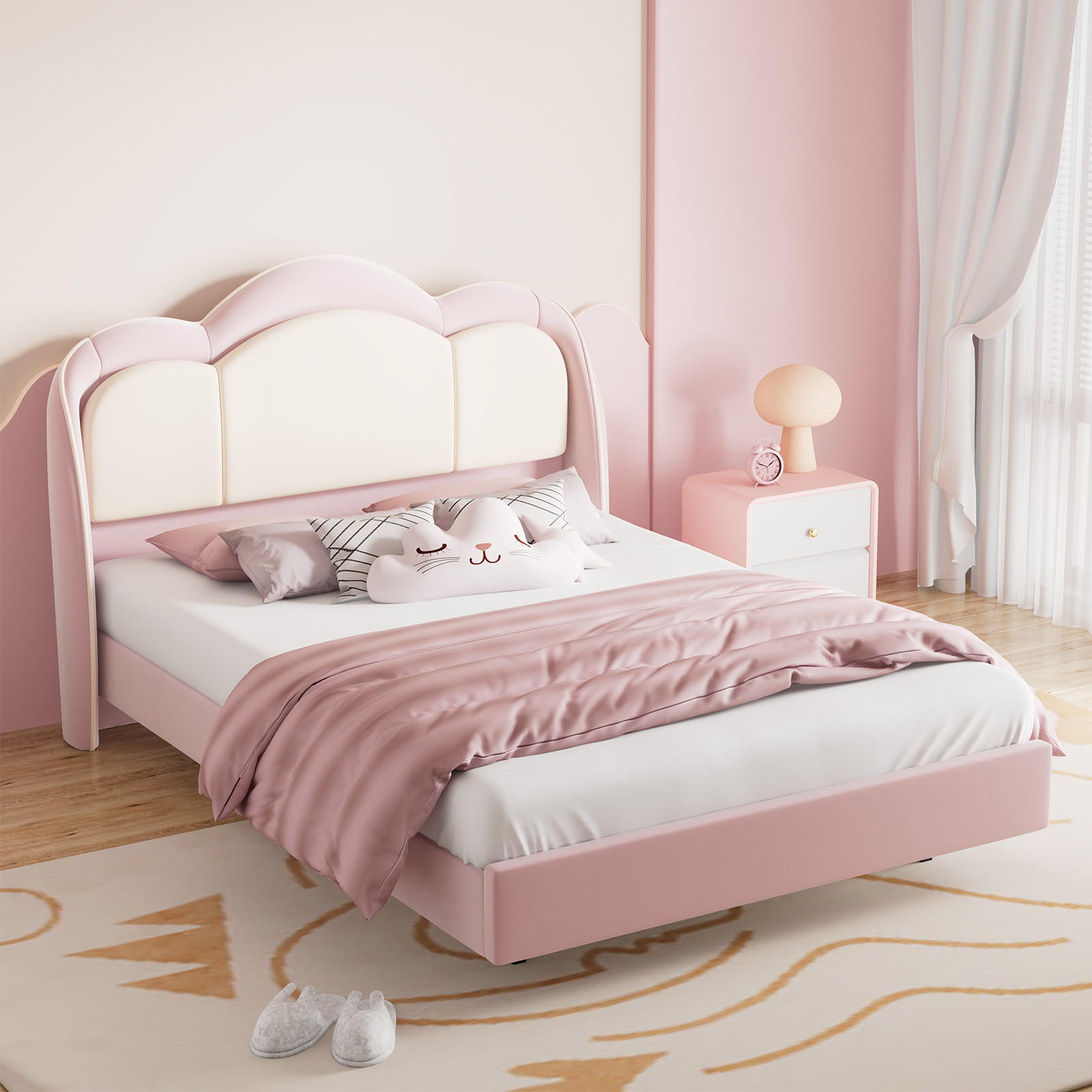KINDERBETT 140×200 cm, LED-Musiklampe, schwebendes Design, Kopfteil in Wolkenform,bett rosa - Pink, Metall (140/215cm) - HOMAVO
