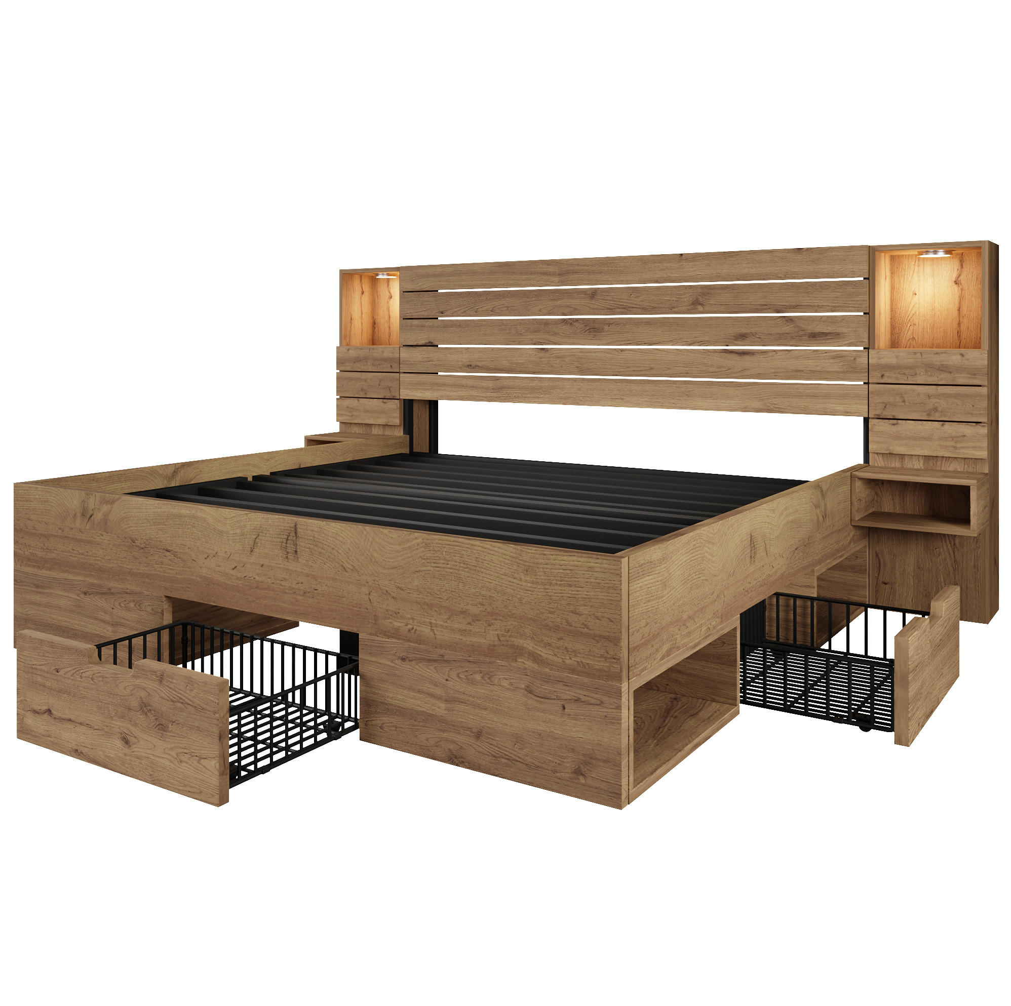 BETT 160/200 cm mit USB, LED und Stauraum inkl. Matratze in Eiche - Eichefarben, Holzwerkstoff (160/200cm) - BEAOK