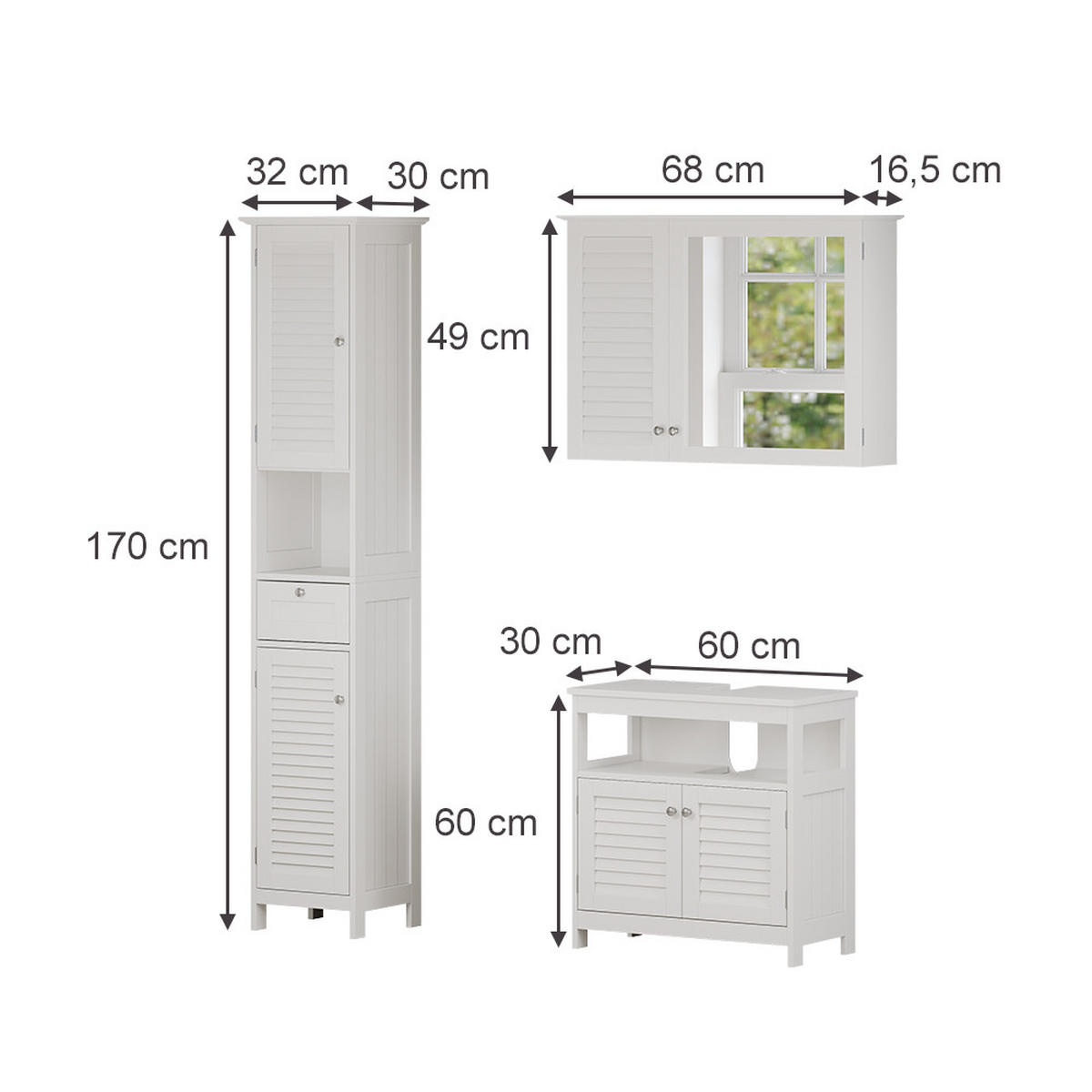 ZOSTAVA KÚPEĽŇOVÉHO NÁBYTKU Riad biely 3 diely, možnosť 2 - biela, kompozitné drevo (60/60/30cm) - Vicco