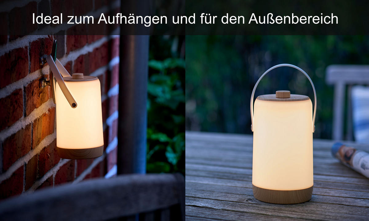 LED-AKKU-LATERNE - dimmbar mit warmweißem und buntem RGB-Licht, Soundsensor und Holzhenkel für Garten und Terrasse, 1er-Set - Weiß, Kunststoff (10.3/10.3/17.3cm) - Northpoint
