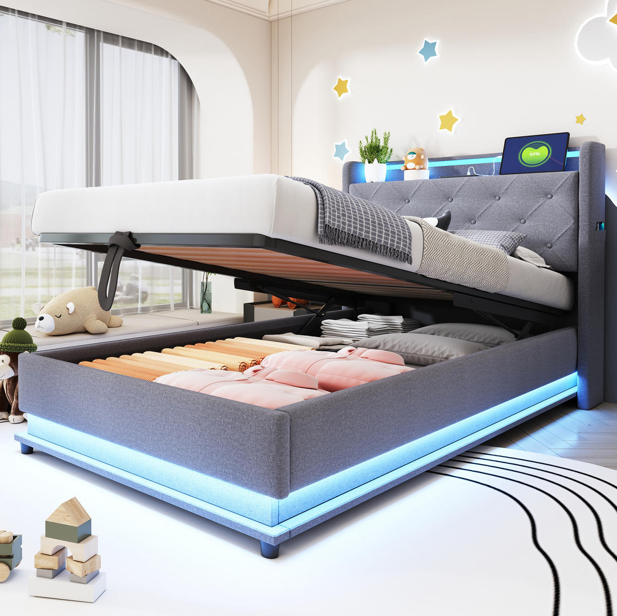 KINDERBETT 90/200 cm mit LED-Beleuchtung, USB, aufklappbarem Kopfteil und hydraulischem Stauraum, Leinenstoff, Grau - Grau, Textil (90/200cm) - Redom