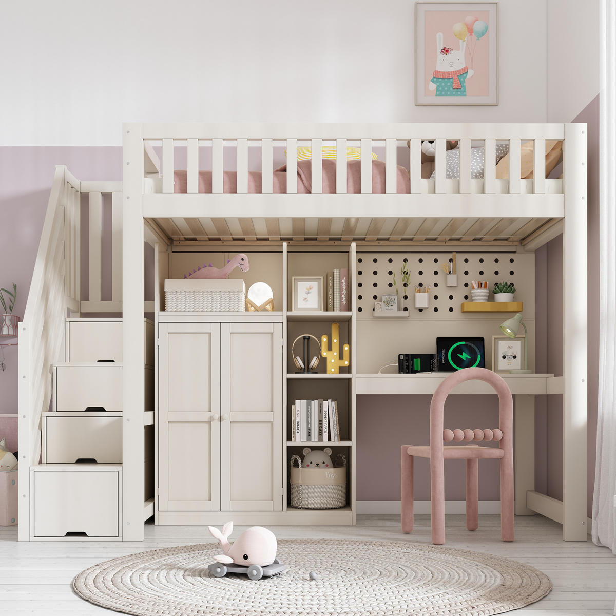 HOCHBETT 90/200 cm Weiß mit Schreibtisch, Kleiderschrank und USB-/Type-C-Anschlüssen - Weiß, Holzwerkstoff (90/200cm) - Flora Grace