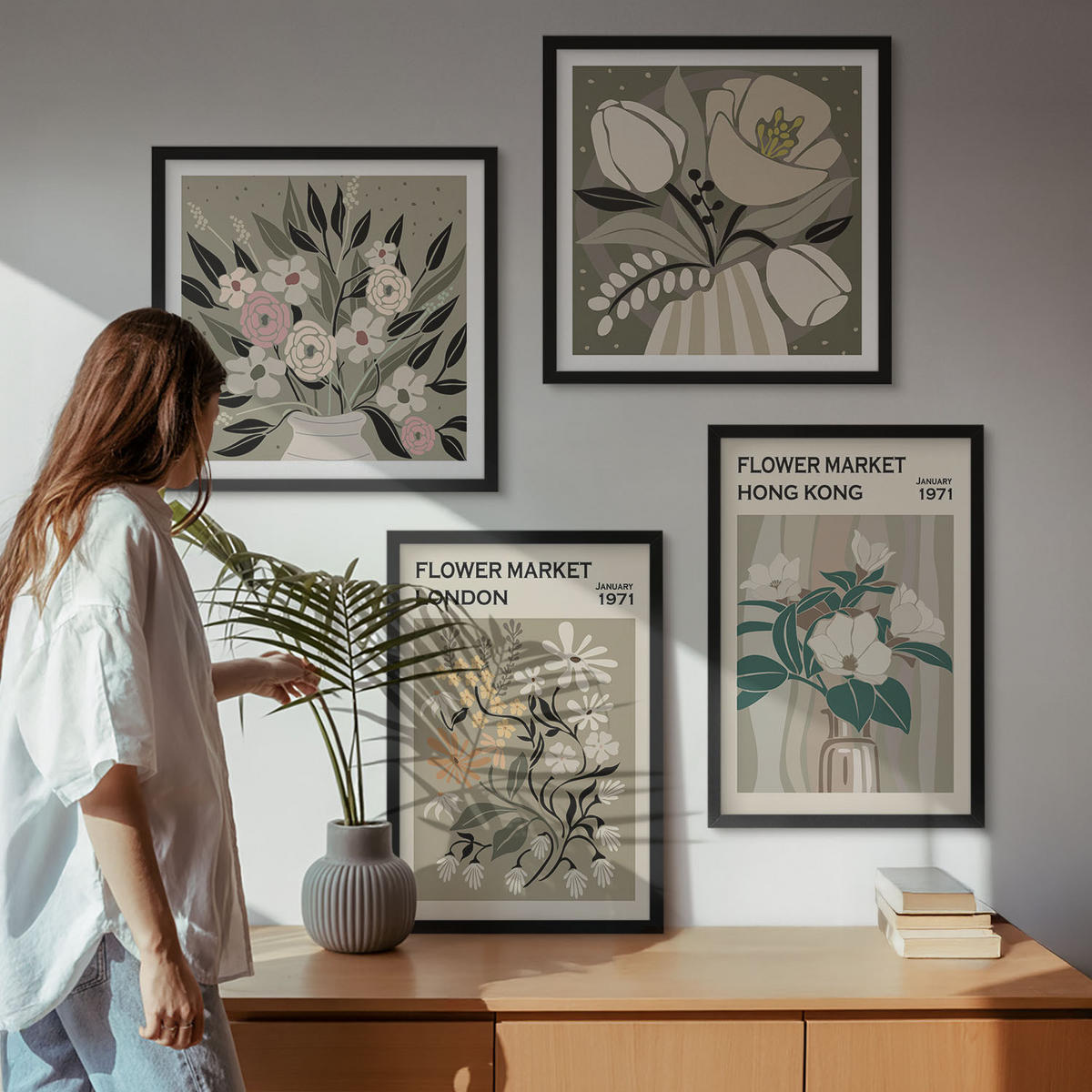WANDBILDER 4er-Set - 50x50 cm & 40x60 cm Schwarzer Rahmen - Blumenillustrationen London Hongkong - Schwarz, Kunststoff (50/50cm) - ArtPrintCave