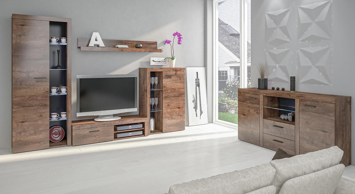 WOHNWAND Spacoro Eiche, Lefkas 270/190/41 cm Wohnwand Modern ohne LED - Braun, Holzwerkstoff/Kunststoff (270/190/41cm) - AX Living