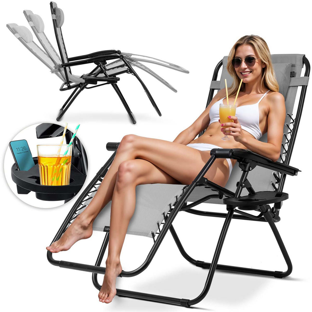GARTEN-RELAXSESSEL Klappbarer mit Kissen, Grau - Grau, Metall (60/102/110cm)
