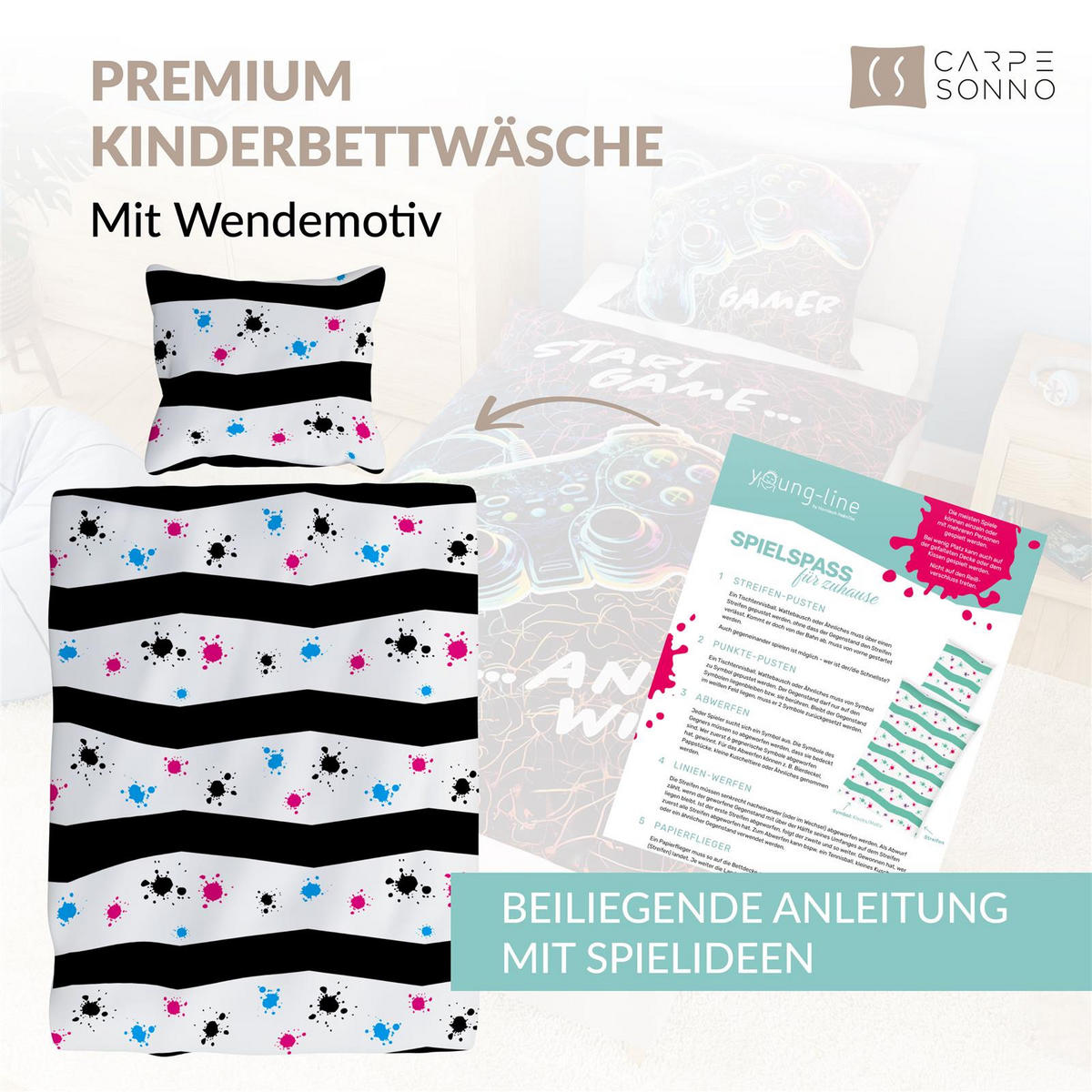 KINDERBETTWÄSCHE 135x200 cm Gamer Gamepad aus 100% Baumwolle - Leuchtet um Dunkeln - Schwarz, Textil (135/200cm) - Carpe Sonno