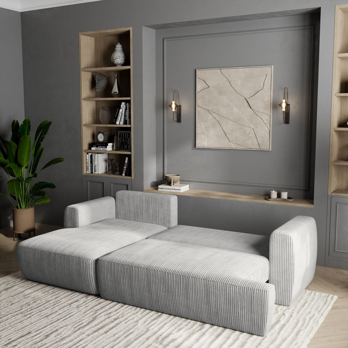 ECKSOFA SENTI P L-S Hellgrau Kordstoff mit Schlaffunktion - Hellgrau, Holz (246/148cm) - MASSENO